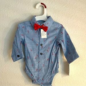 Cat and Jack Baby Blue Button-Up Onesie with Red Bow Tie -candy cane print 3/6M